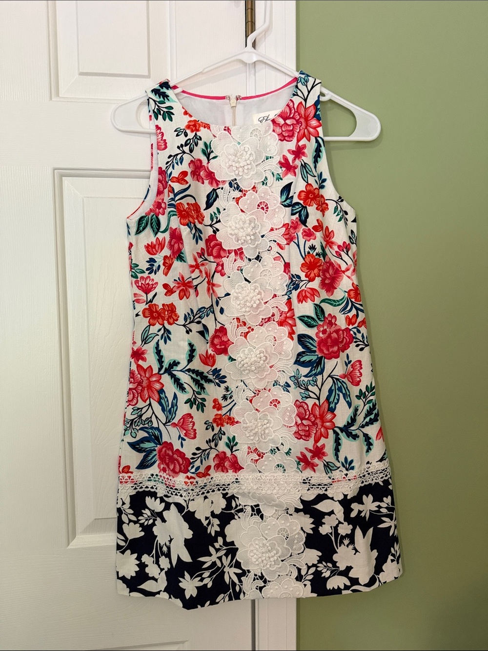 ELIZA J Lace-Trim Summer Dress - White with Pink & Navy